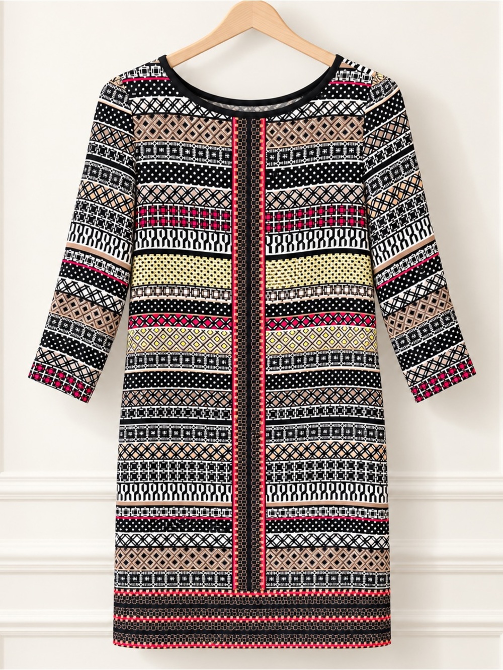 Patterned Mini Dress in Black, Pink & Tan
